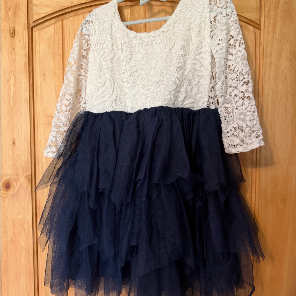White Lace Top Navy Tulle Dress